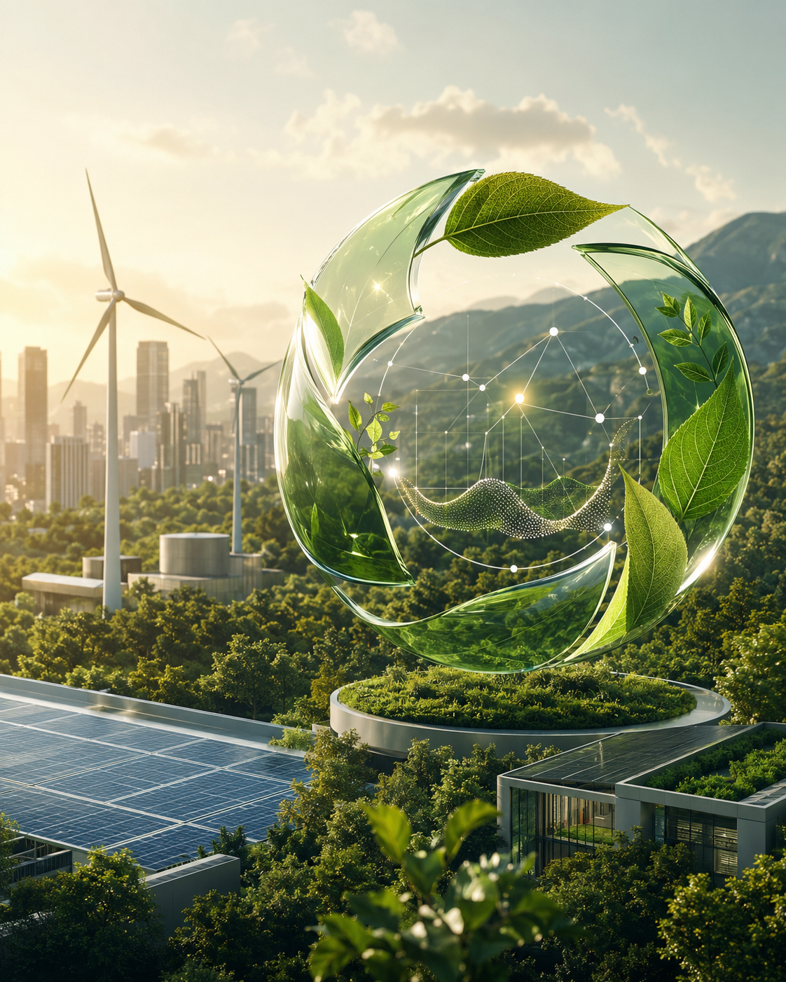 Sustainable city surrounded by renewable energy and nature